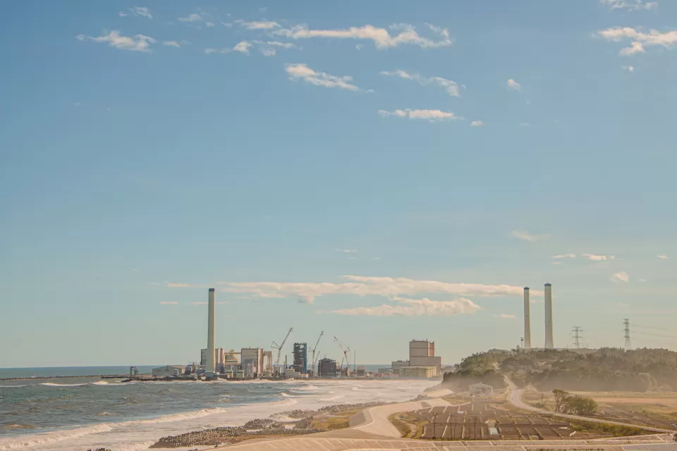 View from a distance of Fukushima Daiichi nuclear plant on the coast n Japan